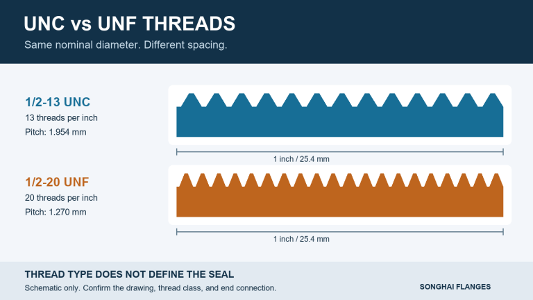 UNC vs UNF thread spacing diagram comparing 1/2-13 UNC with 1/2-20 UNF over equal one-inch lengths
